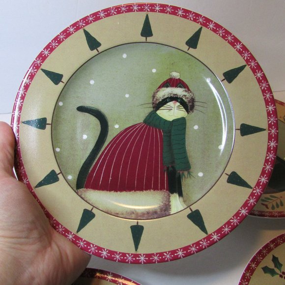 set of 4 Oneida Holiday Cat Plates black white kitty winter outfits Christmas - Picture 2 of 7